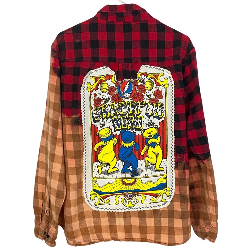 Grateful Dead Flannel Shirt Mens Large Reworked Bleached Buffalo Plaid Unisex